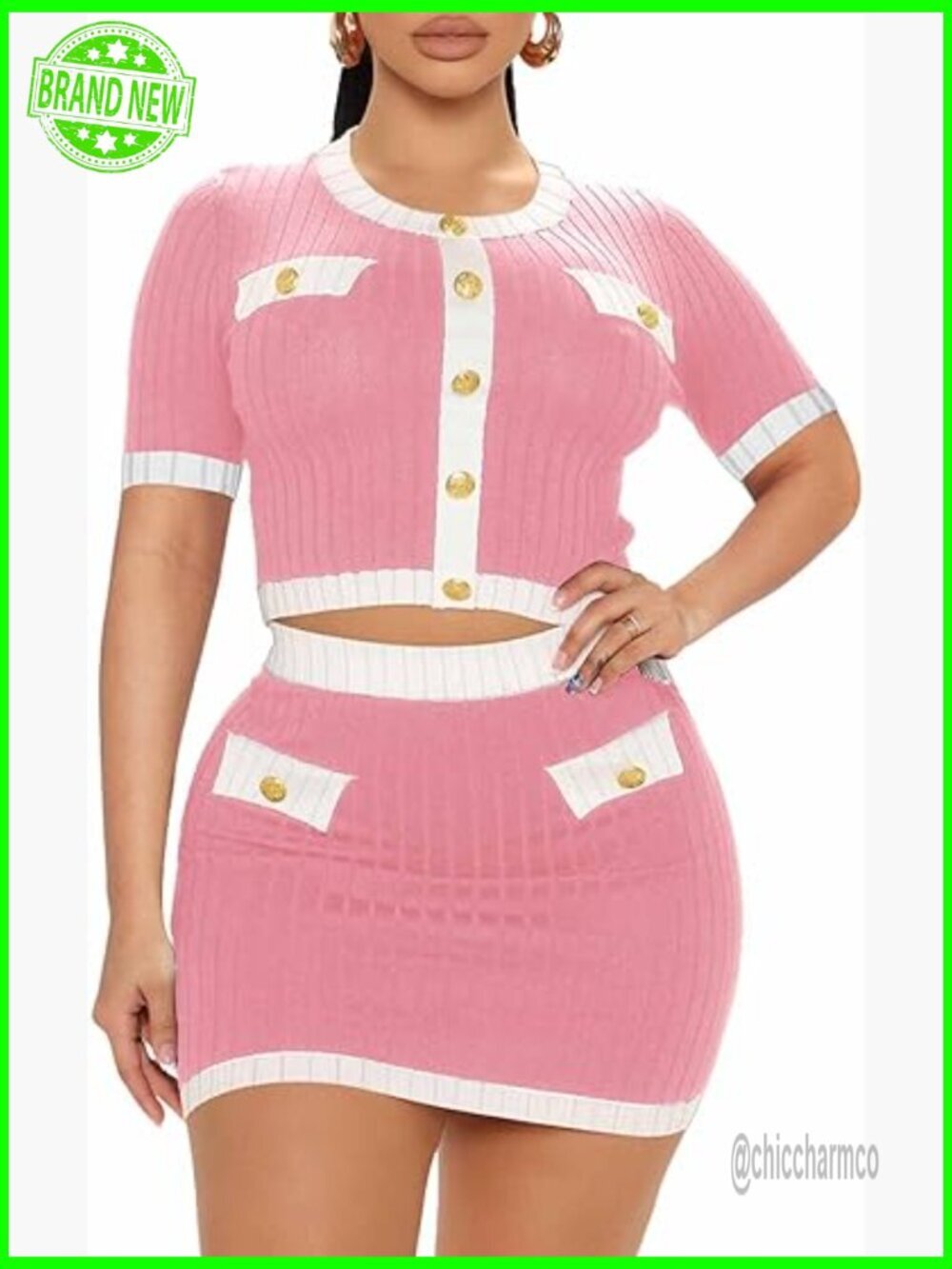 2 Piece Skirt Outfits Long Sleeve Button Crop Top Bodycon Mini Elegant Set